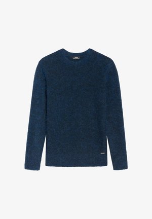 Niebieski wełniany sweter o miękkiej fakturze, z okrągłym dekoltem i długimi rękawami. Posiada małą metkę marki u dolnego brzegu.