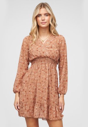 V-NECK MIT TAILLENGUMMIZUG - Vestito casual - beige