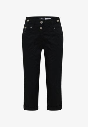 Pantalon noir court avec bouton et fermeture éclair devant, poche latérale zippée et ourlets retroussés, étiqueté « Cecil » à la taille.
