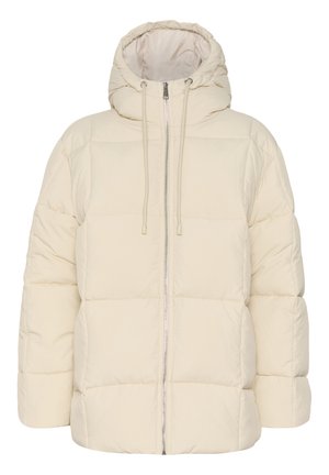 Puffer jacket in cream, featuring a high collar, front zipper, and adjustable drawstring hood. Textured quilted surface, relaxed fit.