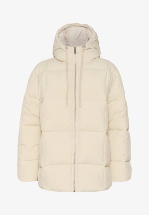Puffermantel in Creme, mit hohem Kragen, Frontreißverschluss und verstellbarem Kordelzug an der Kapuze. Strukturierte gesteppte Oberfläche, lässige Passform.