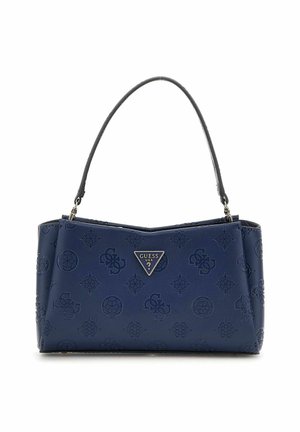 Sac à main structuré bleu marine avec une finition en cuir texturé, présentant un logo en métal triangulaire et des doubles anses.