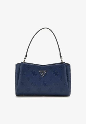 Sac à main structuré bleu marine avec une finition en cuir texturé, présentant un logo en métal triangulaire et des doubles anses.