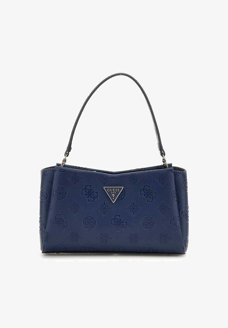 Sac à main structuré bleu marine avec une finition en cuir texturé, présentant un logo en métal triangulaire et des doubles anses.