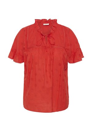 Rode blouse met korte mouwen en een bloemenoogjespatroon, gerimpelde halslijn, strikdetail aan de voorkant en gerimpelde mouwranden.