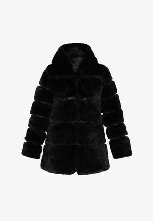 Zwarte nepbonten jas met een kraag, met een boxy ontwerp en brede mouwen. De textuur is zacht en pluizig, met horizontale panelen.