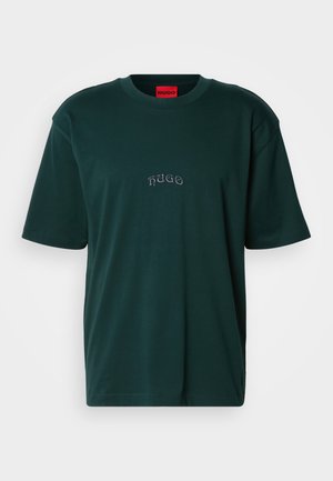 Mørkegrønn bomulls T-skjorte med rund hals, korte ermer og brodert "HUGO"-logo i kontrastfarge på brystet.