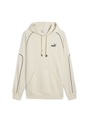 Beige hoodie med en kängurufickan, svarta detaljer längs ärmarna och en liten svart Puma-logotyp på bröstet. Mjuk textur.
