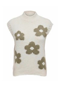 Ärmelloser Strickpullover in Creme mit grünen Blumenmustern, hohem Kragen und gerippten Details an den Schultern. Weiche Textur, warmes Erscheinungsbild.