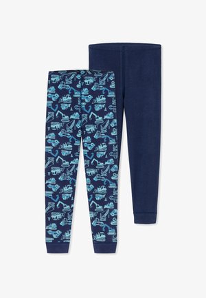 Marine leggings med et mønster af lyseblå byggevarer på den ene side og ensfarvet marinefarve på den anden, med elastiske manchetter.