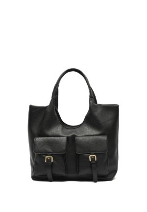 Sac à main en cuir noir avec deux poches frontales à boucles et deux petites poignées doubles, présenté sur fond blanc.