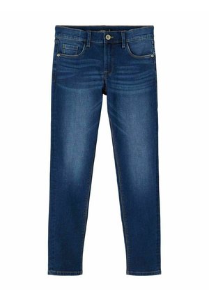 Mørkeblå slim-fit jeans med frontknap og lynlås, fem-lomme-design og subtil udvaskning på lår og knæ.