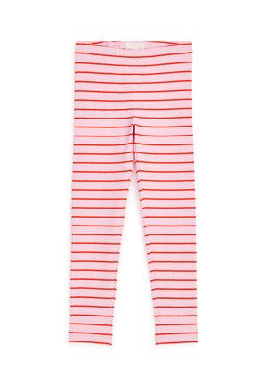 Leggings côtelés roses avec des rayures horizontales rouges, dotés d'une taille extensible et d'un petit bouton à l'intérieur.