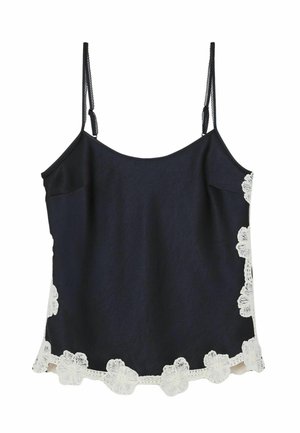 Fekete ujjatlan top vékony állítható pántokkal, fehér virágos csipkével a szegélyén és az oldalsó részeken.