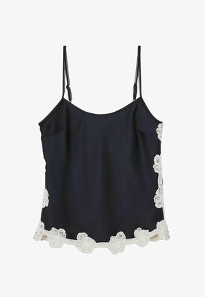 Mustast värvi varrukateta kamisol õhukeste reguleeritavate rihmadega ning valge lillelise pitsiga ääristatud alläär ja küljed.