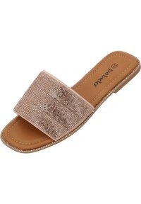 Funkelnde rose-goldene Riemchensandale mit flacher Sohle, Obermaterial aus Stoff mit Perlenverzierungen und gepolstertem Fußbett für Komfort.