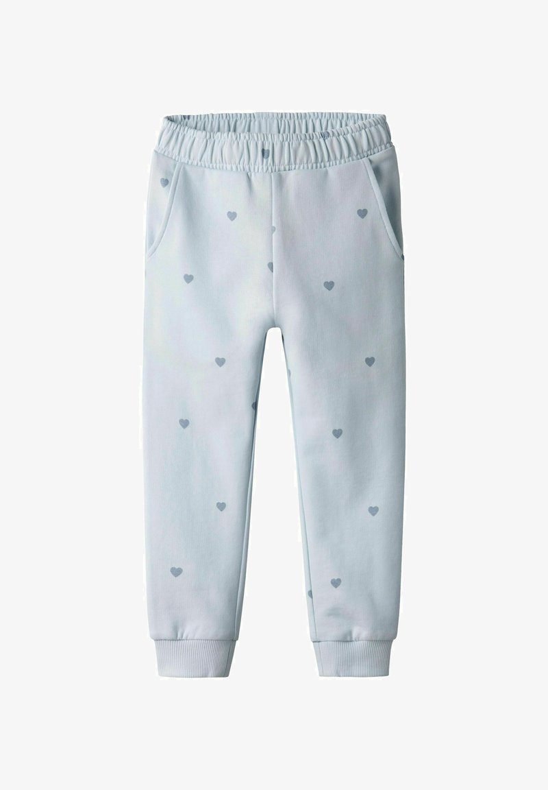 Light blue sweatpants with a stretchy waistband, side pockets, and a pattern of small grey hearts. Cuffs at the ankle for a snug fit.