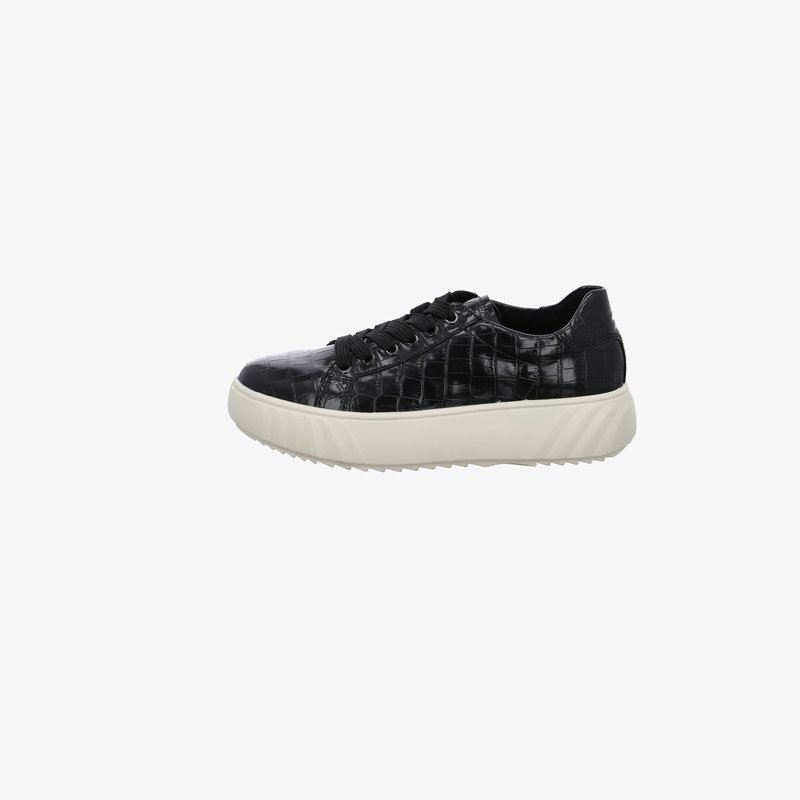 Black faux croc leather sneaker with thick white sole and black laces, shown in side profile on a white background.