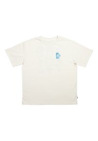 Krémové bavlněné tričko s kulatým výstřihem a krátkými rukávy. Na hrudi je modrá potiskovaná grafika, tričko má volný střih a žádné vzory.