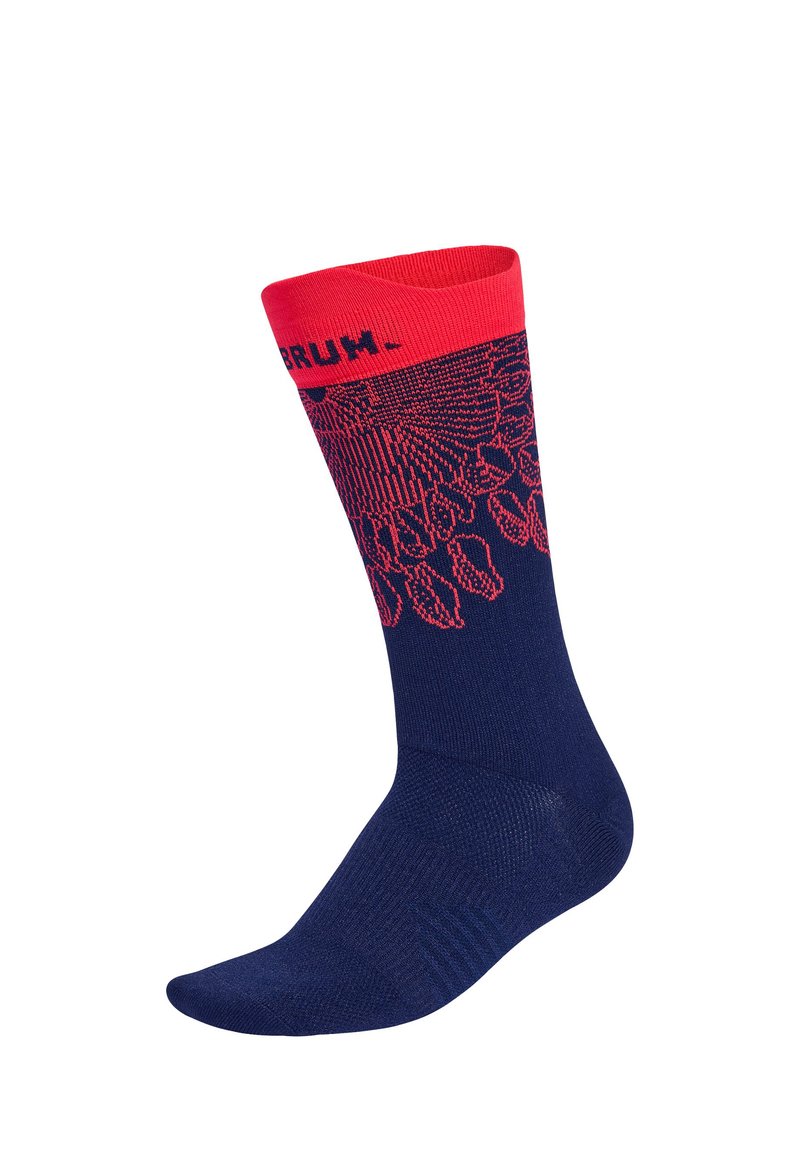 Marineblaue Socke mit einem lebhaften pinkfarbenen Bündchen. Verfügt über ein komplexes pinkfarbenes Muster, eine weiche Textur und ein knöchelhöhes Design. Markenlogo ist am Bündchen sichtbar.