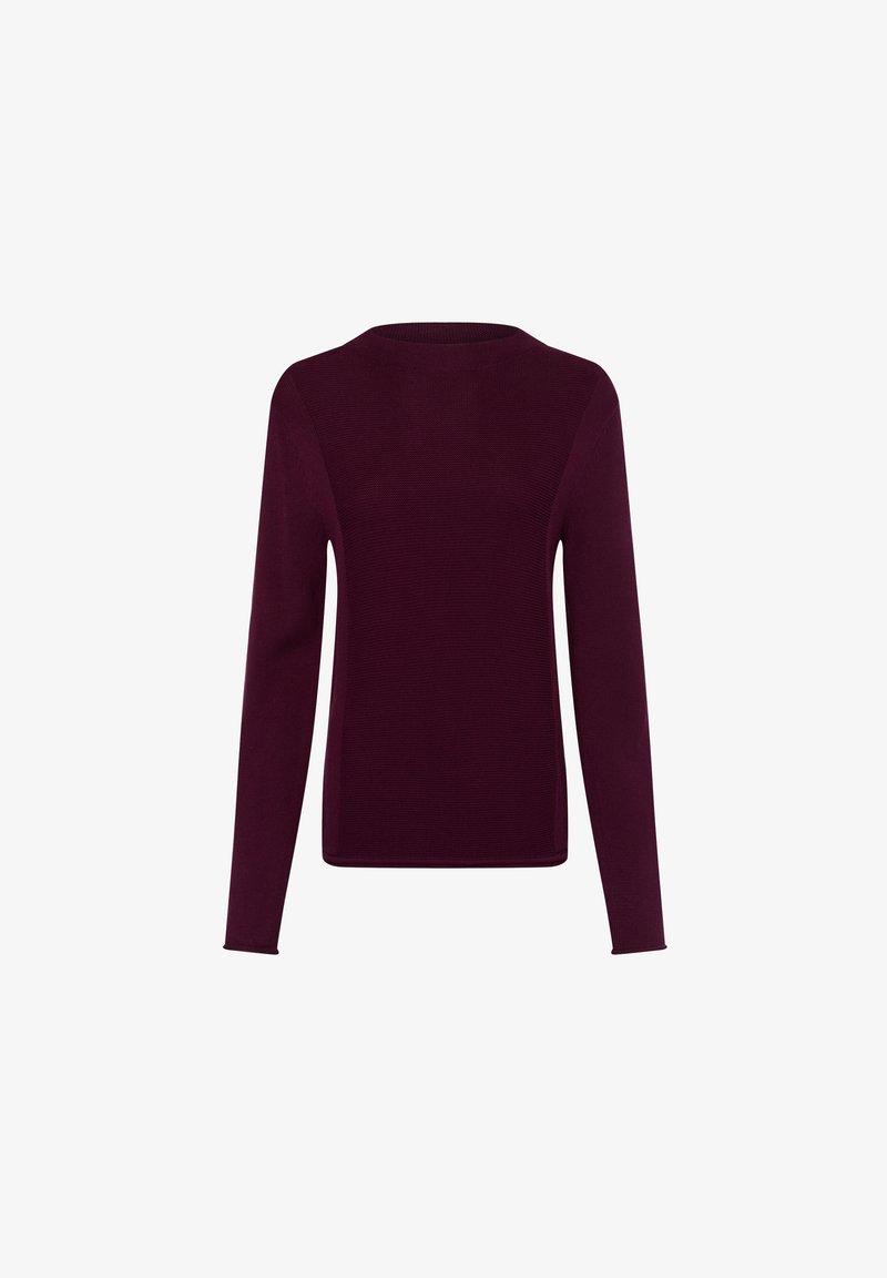 Burgunderfarbener Pullover aus weichem Stoff, mit langen Ärmeln und einem runden Ausschnitt, der eine gerippte Textur am Körper und glatte Seitenpaneele aufweist.