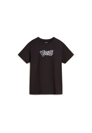 T-shirt en coton noir avec un col rond et des manches courtes, arborant un logo graphique blanc "VANS" sur la poitrine.