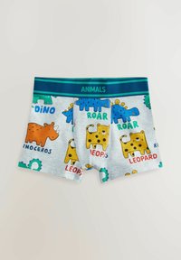 Grå bomulds-boxer shorts med farverige dyremotiver, herunder en dinosaur, næsehorn og leopard, med en blå elastisk talje, der har påskriften "DYR."