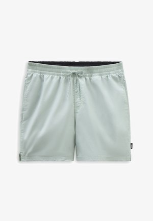 Light mint green swim shorts with a black elastic waistband and drawstring. Features side pockets and a small branded tag on the hem.