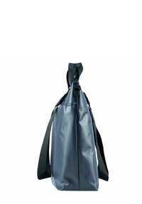 Borsa rettangolare blu scuro realizzata in materiale liscio, con una cerniera laterale, una tracolla regolabile e un design elegante e minimalista.