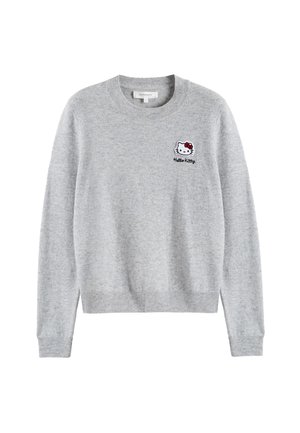 Gray sweater with long sleeves and a round neckline. Features an embroidered Hello Kitty design on the left chest. Soft, textured fabric.