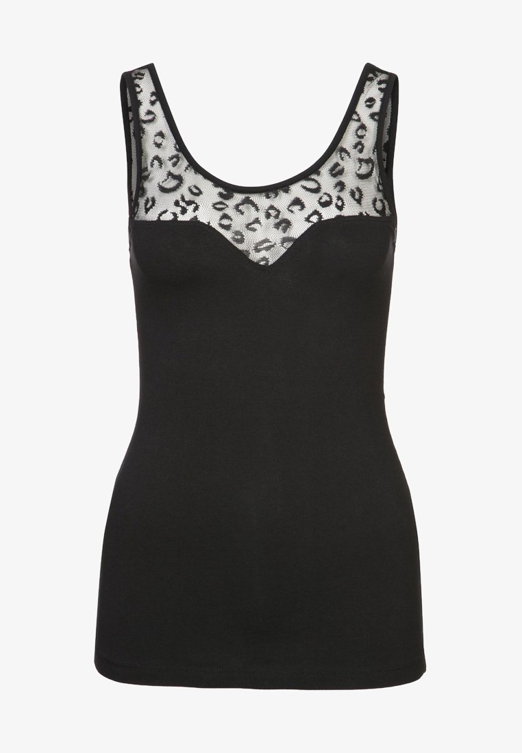 Haut noir sans manches avec un panneau en maille transparente à imprimé léopard sur le haut de la poitrine et les épaules, col dégagé, coupe ajustée.