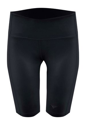 Schwarze, hoch taillierte, figurbetonte Biker-Shorts mit mittlerer Oberschenkellänge und dezentem Logo nahe dem Saum am linken Bein.