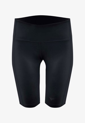 Shorts de biker noirs taille haute, ajustés, longueur mi-cuisse, avec un logo discret près de l'ourlet sur la jambe gauche.
