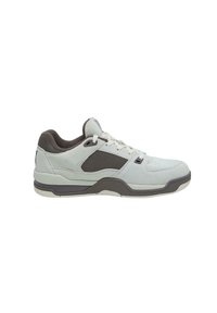 Hellgraue Wildleder-Sneaker mit dunkelgrauen Akzenten, Schnürdesign, durchlüfteter Seitenpartie und gepolsteter Sohle für Komfort.