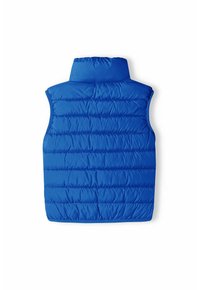Blå pufferväst med hög krage, med horisontell quiltningsdesign, ärmlös och med en slät, glansig textur. Inga synliga stängningar.