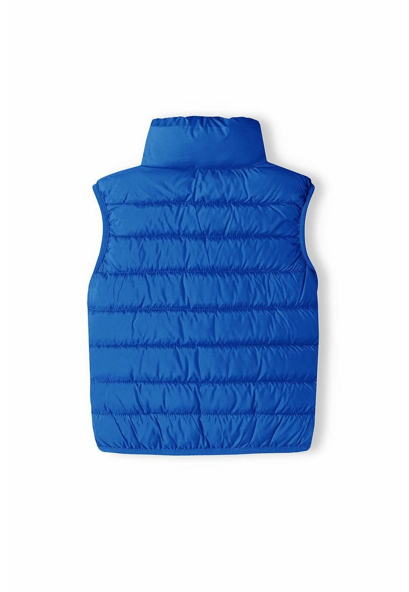 Gilet en duvet bleu avec un col haut, présentant un matelassage horizontal, une conception sans manches et une texture lisse et brillante. Pas de fermetures visibles.