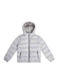 Giacca grigia imbottita con cappuccio, caratterizzata da un motivo a griglia, zip frontale e due tasche con zip. I polsini elastici migliorano la vestibilità e il calore.