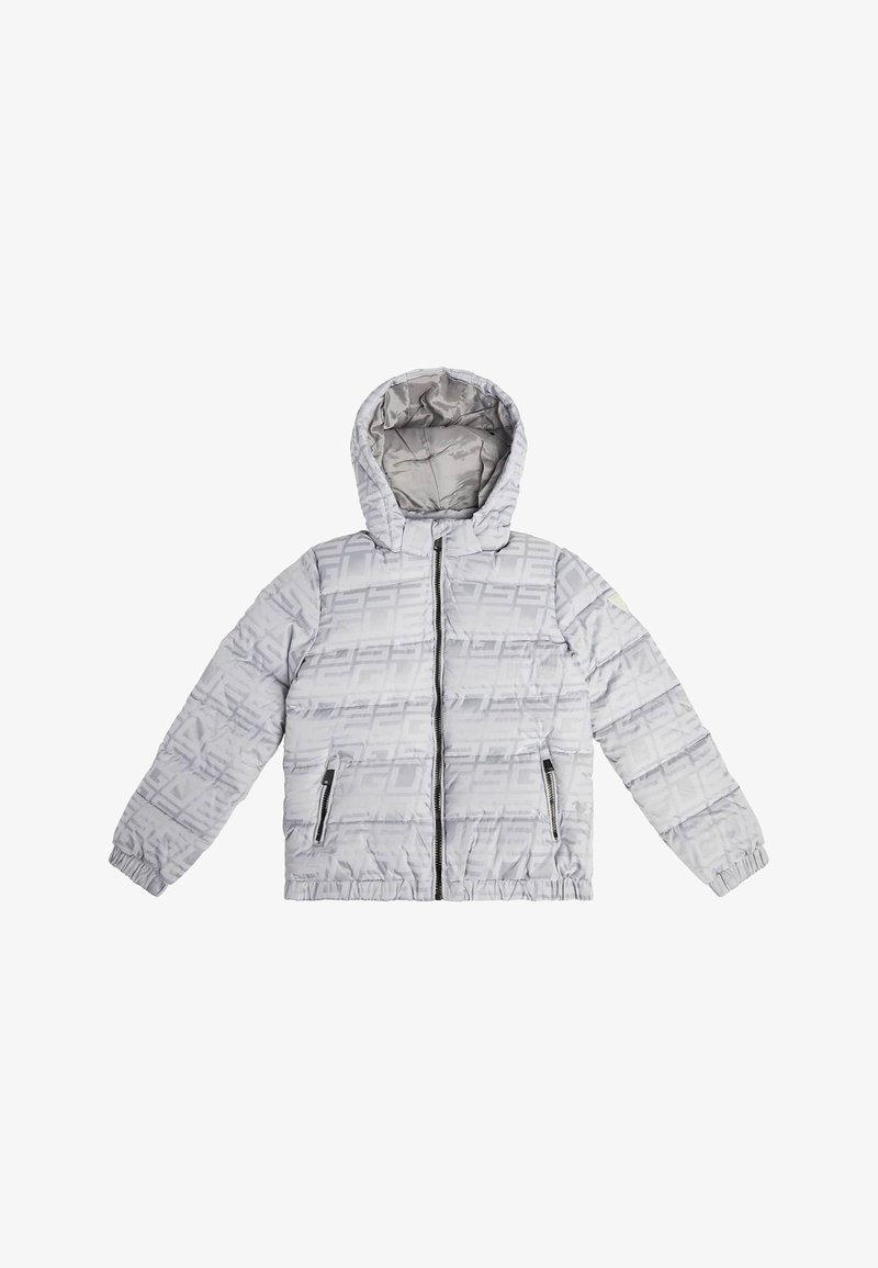Giacca grigia imbottita con cappuccio, caratterizzata da un motivo a griglia, zip frontale e due tasche con zip. I polsini elastici migliorano la vestibilità e il calore.