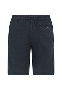 Shorts taille élastique bleu marine foncé avec passants de ceinture et une unique poche arrière boutonnée côté droit.