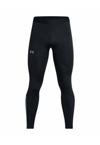 Leggings neri aderenti realizzati in materiale elasticizzato, con una superficie liscia, strisce laterali bianche a contrasto e un piccolo logo sulla parte anteriore.