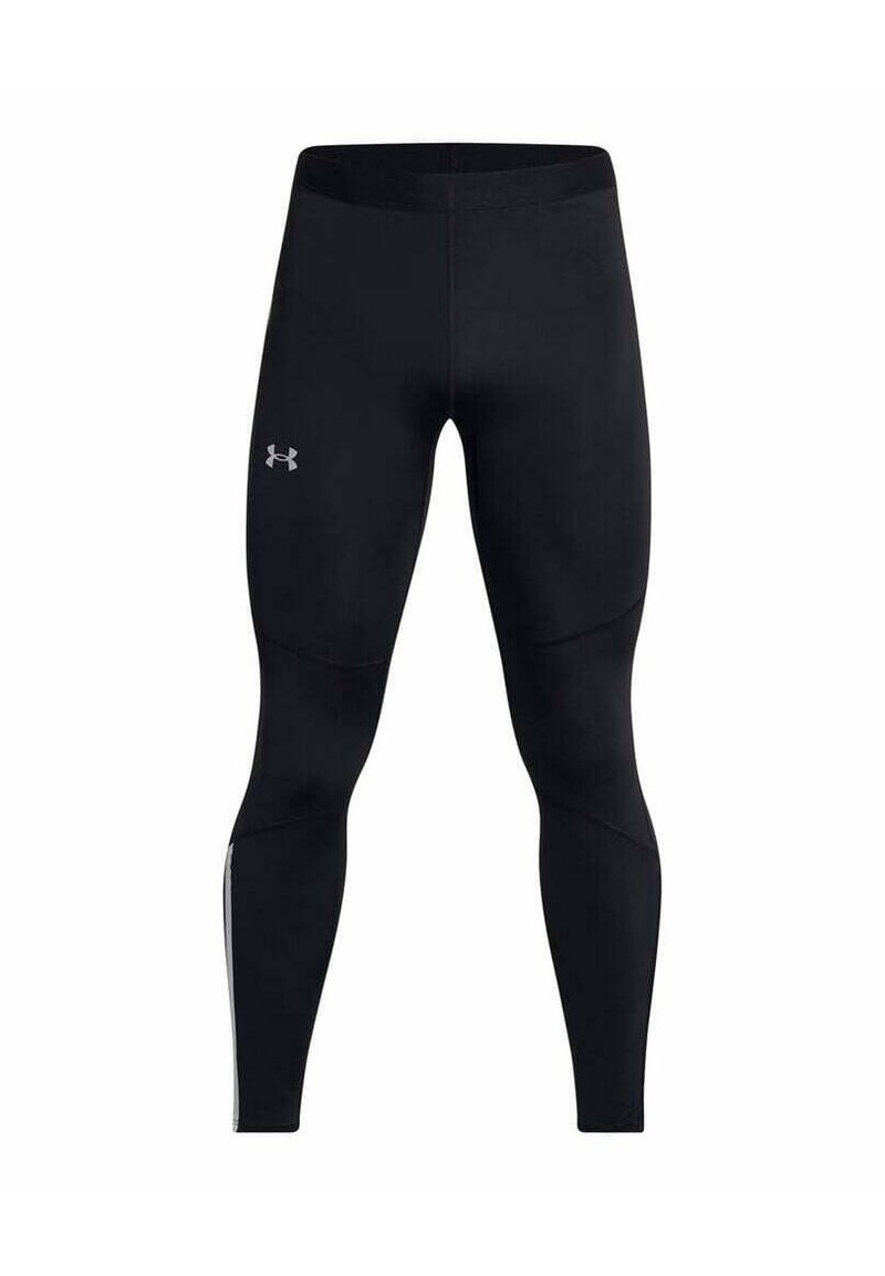 Schwarze leggings aus elastischem material, mit einer glatten oberfläche, kontrastierenden weißen seitlichen streifen und einem kleinen logo auf der vorderseite.