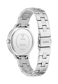 Silver stainless steel watch with a link bracelet, round case, and a plain back featuring the brand name and water-resistant details.