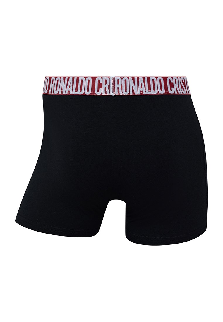 Bóxers negros con una cinturilla de marca roja y blanca, que presenta el texto "CRISTIANO RONALDO." Hechos de una tela suave y elástica.