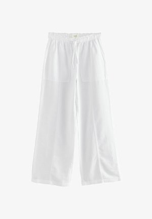 Hvide brede bukser lavet af letvægtsstof, med elastisk talje og justerbar snor samt to forlommer.