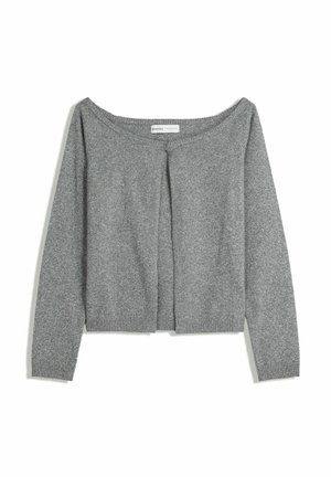 Gray long-sleeve knit cardigan with a round neckline and single button closure at the top front, laid flat on white background.