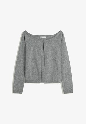 Gray long-sleeve knit cardigan with a round neckline and single button closure at the top front, laid flat on white background.