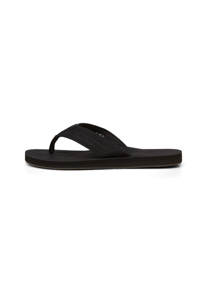 Black flip-flop featuring a smooth rubber sole, wide strap design, and textured footbed for comfort. Minimalistic style with no additional accents.