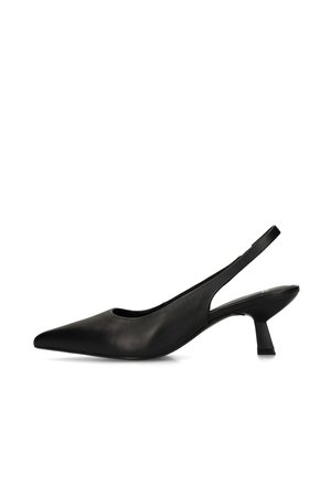 Escarpin slingback en cuir noir avec bout pointu et talon bas incurvé sur fond blanc.