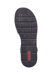 Schwarze Gummisohle mit strukturiertem Profil, mit einem zentralen roten Logo. Gestempelte Größe '37' und verschiedene Rillen für besseren Halt.