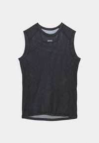 Black sleeveless athletic top featuring mesh fabric, round neckline, and reinforced armholes. Minimalist design with subtle branding.
